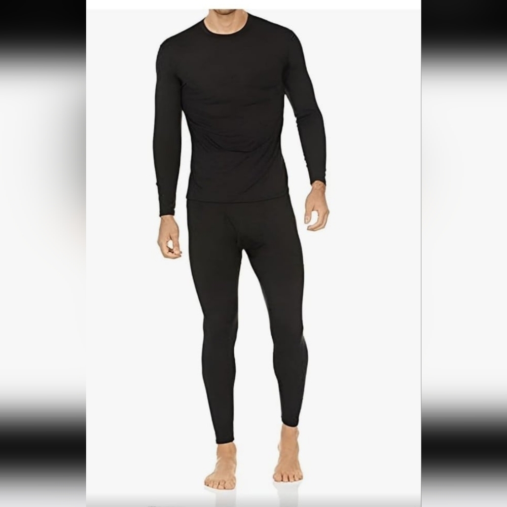 Thermajohn Men's Black Long John Thermal Underwear Fleece Lined Base Layer Set - Picture 1 of 4